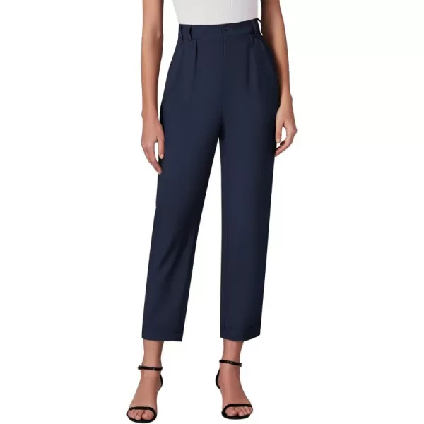 imageGRAPENT Capri Dress Pants for Women High Waisted Pleated Lightweight Straight Leg Elastic Wasit Crop Trousers Work PantsNavy Blue