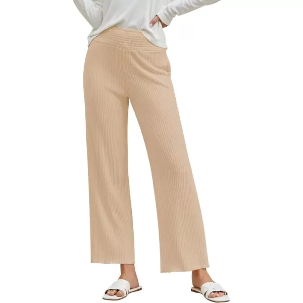 imageGRAPENT Ribbed Wide Leg Pants Woman High Waisted Pull On Lounge Fleece Knit Fall Smocked Elastic Waist Pants with PocketBeige
