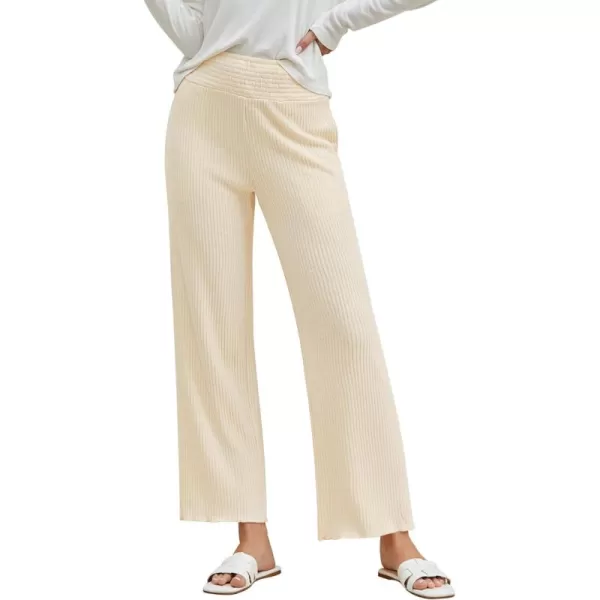 imageGRAPENT Ribbed Wide Leg Pants Woman High Waisted Pull On Lounge Fleece Knit Fall Smocked Elastic Waist Pants with PocketCream