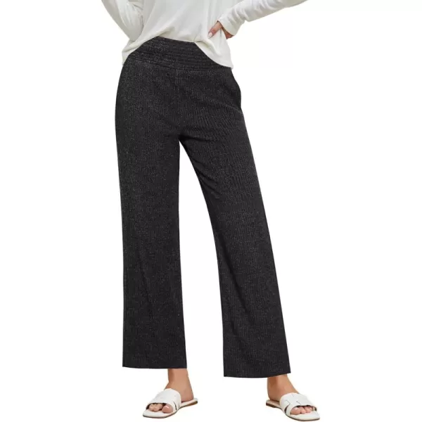 imageGRAPENT Ribbed Wide Leg Pants Woman High Waisted Pull On Lounge Fleece Knit Fall Smocked Elastic Waist Pants with PocketGrey Black