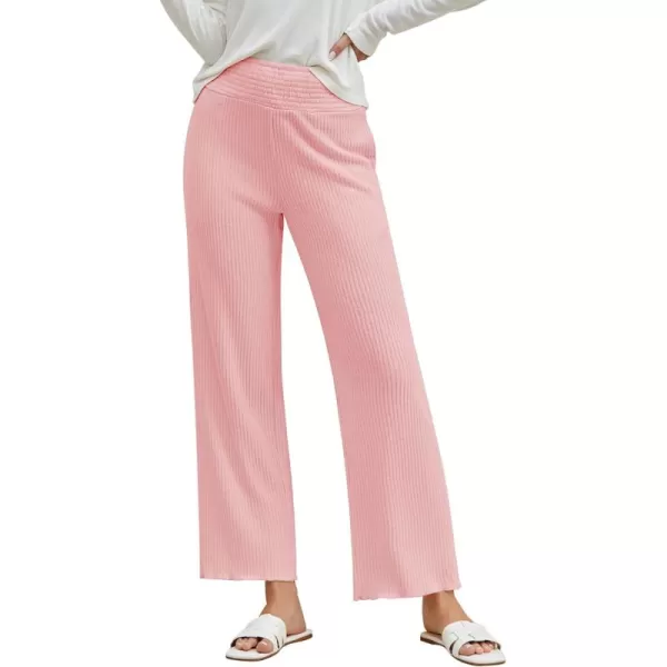 imageGRAPENT Ribbed Wide Leg Pants Woman High Waisted Pull On Lounge Fleece Knit Fall Smocked Elastic Waist Pants with PocketPink