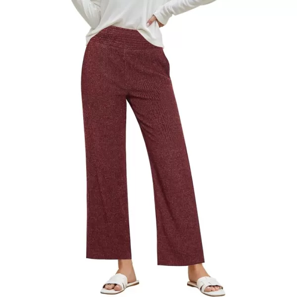 imageGRAPENT Ribbed Wide Leg Pants Woman High Waisted Pull On Lounge Fleece Knit Fall Smocked Elastic Waist Pants with PocketWine Red