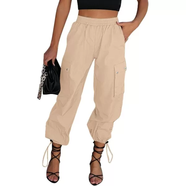 imageGRAPENT Womens Cargo Pants High Waisted Baggy Parachute Pants Elastic Waist Adjustable Drawstring Nylon Y2K TrousersBeige