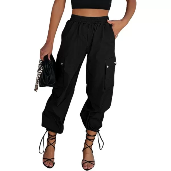 imageGRAPENT Womens Cargo Pants High Waisted Baggy Parachute Pants Elastic Waist Adjustable Drawstring Nylon Y2K TrousersBlack