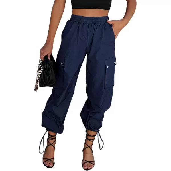 imageGRAPENT Womens Cargo Pants High Waisted Baggy Parachute Pants Elastic Waist Adjustable Drawstring Nylon Y2K TrousersDark Blue