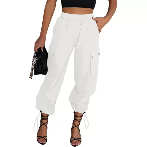 imageGRAPENT Womens Cargo Pants High Waisted Baggy Parachute Pants Elastic Waist Adjustable Drawstring Nylon Y2K TrousersOffwhite