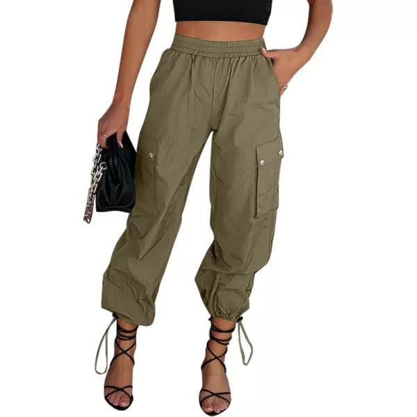 imageGRAPENT Womens Cargo Pants High Waisted Baggy Parachute Pants Elastic Waist Adjustable Drawstring Nylon Y2K TrousersOlive Green