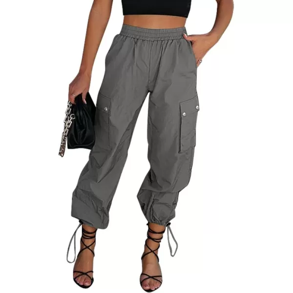 imageGRAPENT Womens Cargo Pants High Waisted Baggy Parachute Pants Elastic Waist Adjustable Drawstring Nylon Y2K TrousersSteeple Gray