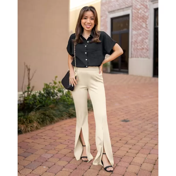 imageGRAPENT Dress Pants Wide Leg Pants for Women Flare Pants Pull On Business Casual Work Trousers Split Hem SlacksButtercream
