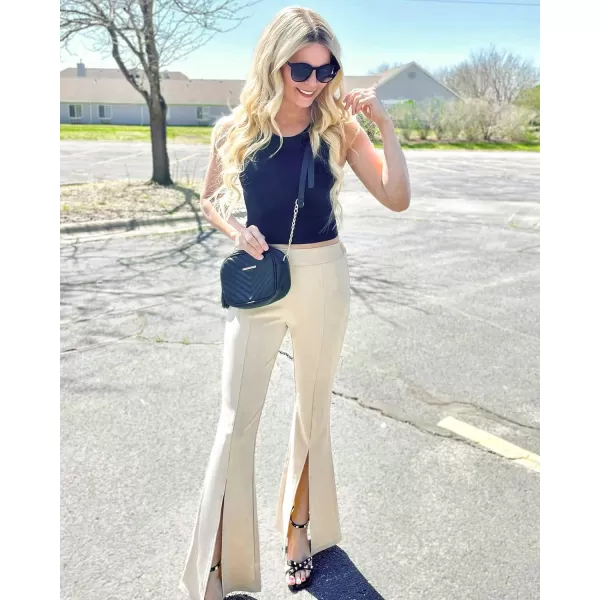 imageGRAPENT Dress Pants Wide Leg Pants for Women Flare Pants Pull On Business Casual Work Trousers Split Hem SlacksButtercream
