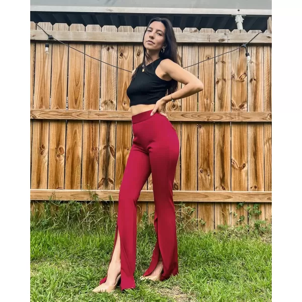 imageGRAPENT Dress Pants Wide Leg Pants for Women Flare Pants Pull On Business Casual Work Trousers Split Hem SlacksHaute Red