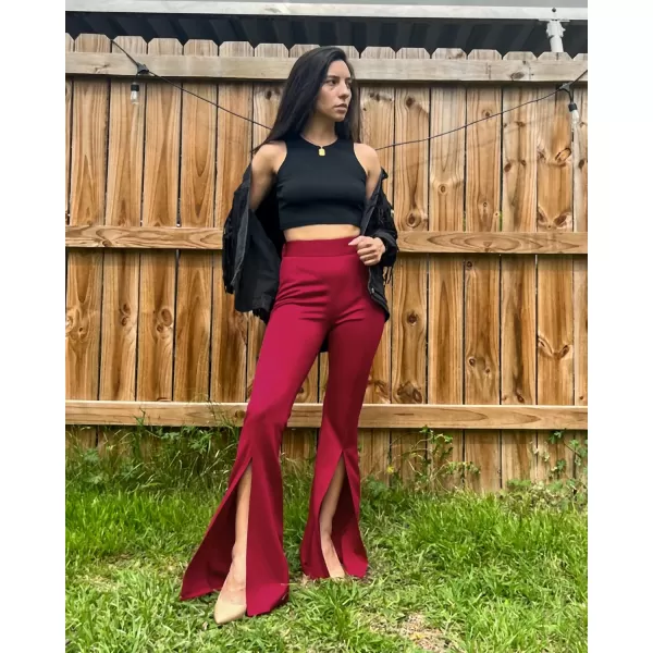 imageGRAPENT Dress Pants Wide Leg Pants for Women Flare Pants Pull On Business Casual Work Trousers Split Hem SlacksHaute Red