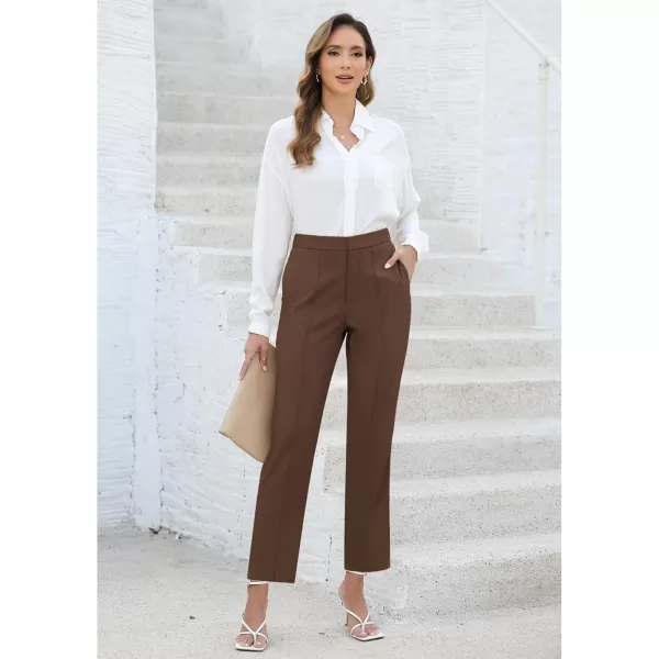 imageGRAPENT Dress Pants Women High Waisted Work Pants Dressy Casual Straight Leg Elastic Waist Cropped Trousers Ankle SlacksBrown