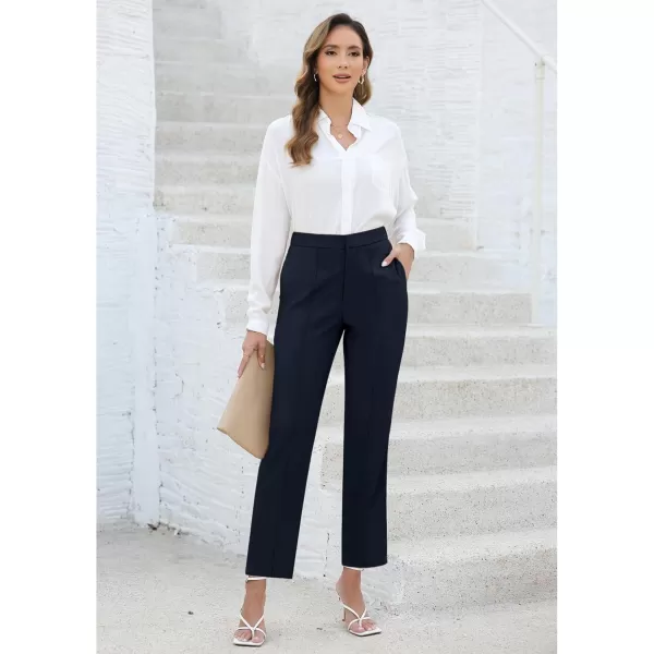 imageGRAPENT Dress Pants Women High Waisted Work Pants Dressy Casual Straight Leg Elastic Waist Cropped Trousers Ankle SlacksDark Blue