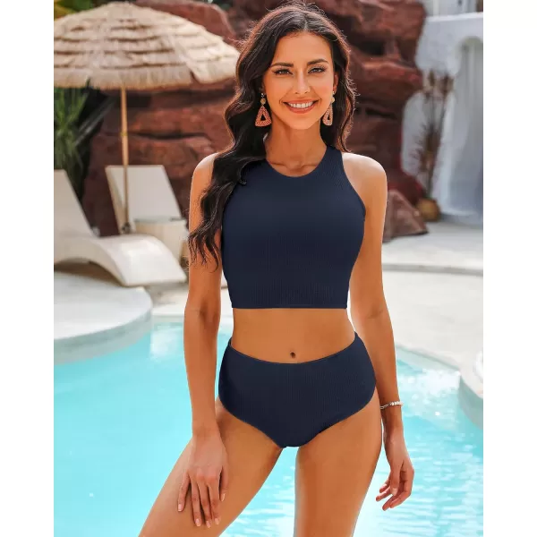 imageGRAPENT High Waisted Bikini Sets for Women Textured High Neck 2 Piece Swimsuits Racer Back Ribbed Bathing Suits Swimwear