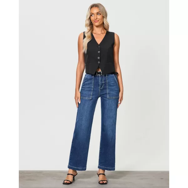 imageGRAPENT Jeans for Women High Waisted Straight Leg Jeans Stretchy Trendy Wide Leg Denim Pants Jean Trousers Patch PocketsClassic Blue