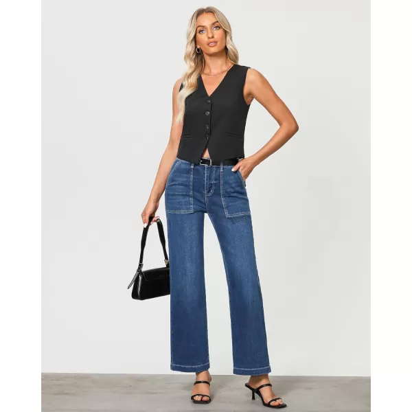imageGRAPENT Jeans for Women High Waisted Straight Leg Jeans Stretchy Trendy Wide Leg Denim Pants Jean Trousers Patch PocketsClassic Blue