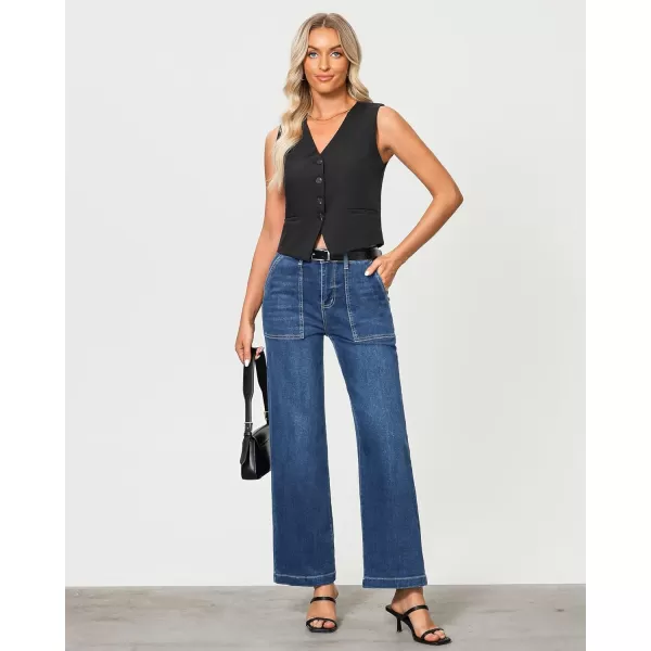 imageGRAPENT Jeans for Women High Waisted Straight Leg Jeans Stretchy Trendy Wide Leg Denim Pants Jean Trousers Patch PocketsClassic Blue