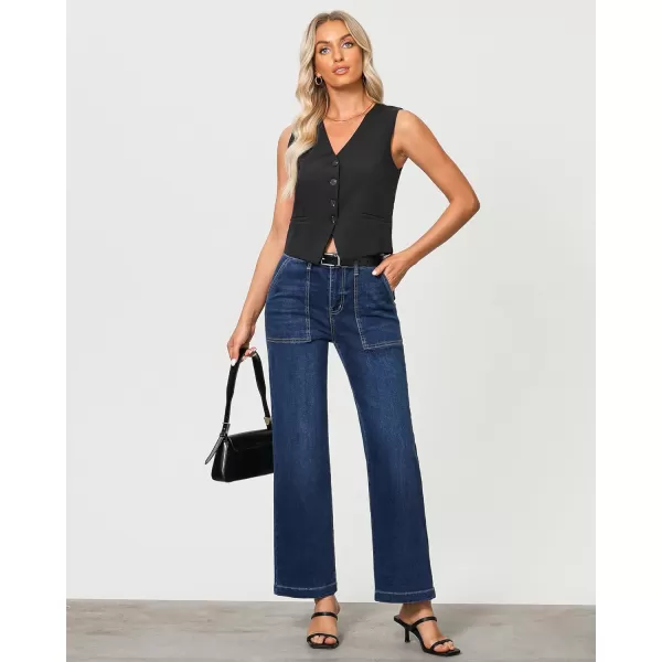imageGRAPENT Jeans for Women High Waisted Straight Leg Jeans Stretchy Trendy Wide Leg Denim Pants Jean Trousers Patch PocketsDark Blue