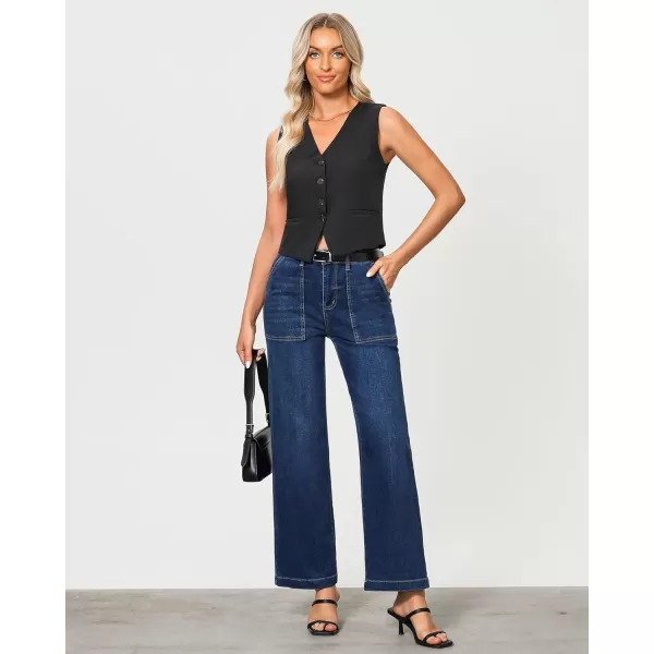 imageGRAPENT Jeans for Women High Waisted Straight Leg Jeans Stretchy Trendy Wide Leg Denim Pants Jean Trousers Patch PocketsDark Blue