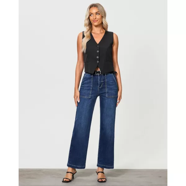 imageGRAPENT Jeans for Women High Waisted Straight Leg Jeans Stretchy Trendy Wide Leg Denim Pants Jean Trousers Patch PocketsDark Blue