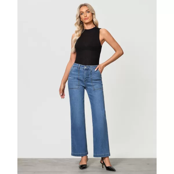 imageGRAPENT Jeans for Women High Waisted Straight Leg Jeans Stretchy Trendy Wide Leg Denim Pants Jean Trousers Patch PocketsMedium Blue