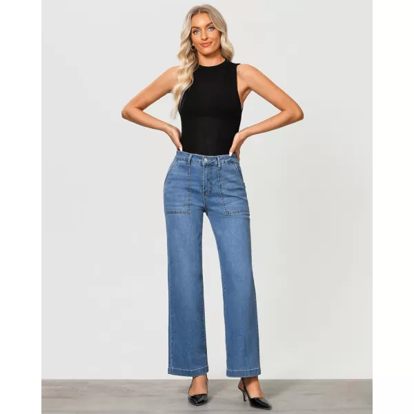 imageGRAPENT Jeans for Women High Waisted Straight Leg Jeans Stretchy Trendy Wide Leg Denim Pants Jean Trousers Patch PocketsMedium Blue