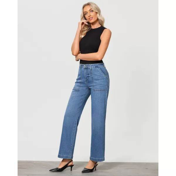 imageGRAPENT Jeans for Women High Waisted Straight Leg Jeans Stretchy Trendy Wide Leg Denim Pants Jean Trousers Patch PocketsMedium Blue