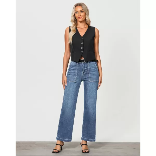 imageGRAPENT Jeans for Women High Waisted Straight Leg Jeans Stretchy Trendy Wide Leg Denim Pants Jean Trousers Patch PocketsReef Blue