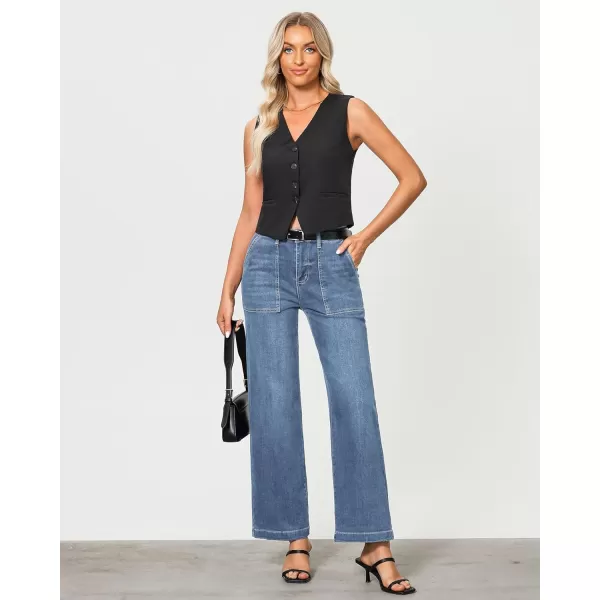 imageGRAPENT Jeans for Women High Waisted Straight Leg Jeans Stretchy Trendy Wide Leg Denim Pants Jean Trousers Patch PocketsReef Blue