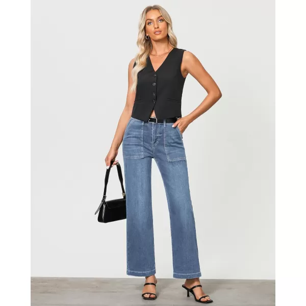 imageGRAPENT Jeans for Women High Waisted Straight Leg Jeans Stretchy Trendy Wide Leg Denim Pants Jean Trousers Patch PocketsReef Blue