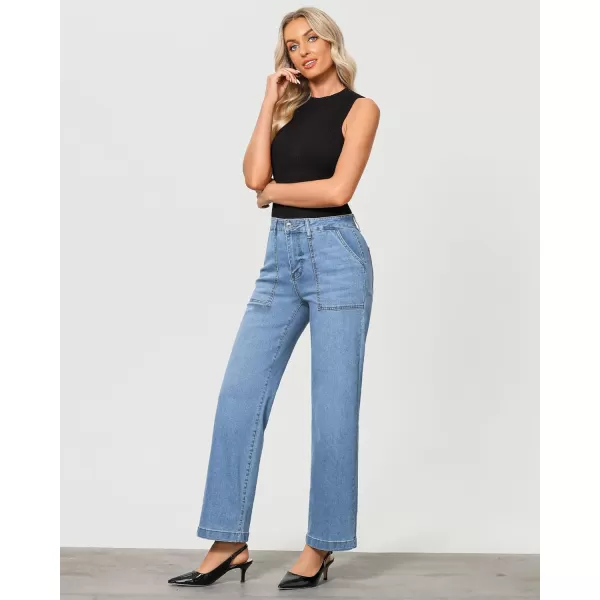 imageGRAPENT Jeans for Women High Waisted Straight Leg Jeans Stretchy Trendy Wide Leg Denim Pants Jean Trousers Patch PocketsRoadknight Blue