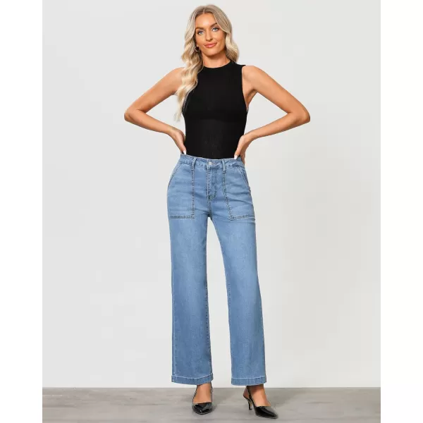 imageGRAPENT Jeans for Women High Waisted Straight Leg Jeans Stretchy Trendy Wide Leg Denim Pants Jean Trousers Patch PocketsRoadknight Blue