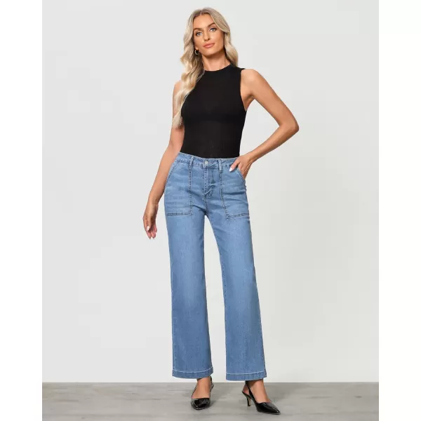 imageGRAPENT Jeans for Women High Waisted Straight Leg Jeans Stretchy Trendy Wide Leg Denim Pants Jean Trousers Patch PocketsRoadknight Blue