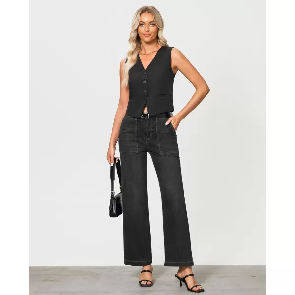 imageGRAPENT Jeans for Women High Waisted Straight Leg Jeans Stretchy Trendy Wide Leg Denim Pants Jean Trousers Patch PocketsWashed Black