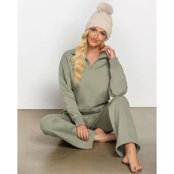 imageGRAPENT Sweatsuits Womens Sets 2 Piece Outfits Fleece Half Zip Sweatshirt Wide Leg Sweatpants Lounge Sets TracksuitsGray Green