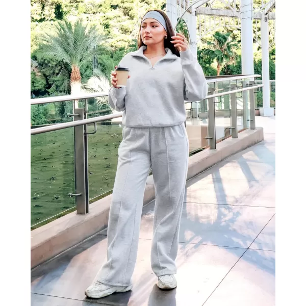 imageGRAPENT Sweatsuits Womens Sets 2 Piece Outfits Fleece Half Zip Sweatshirt Wide Leg Sweatpants Lounge Sets TracksuitsHeather Gray