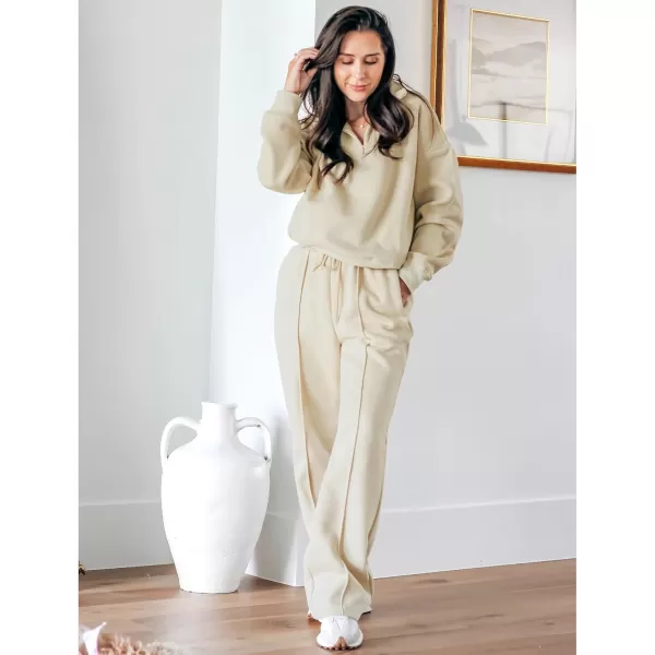 imageGRAPENT Sweatsuits Womens Sets 2 Piece Outfits Fleece Half Zip Sweatshirt Wide Leg Sweatpants Lounge Sets TracksuitsLight Beige