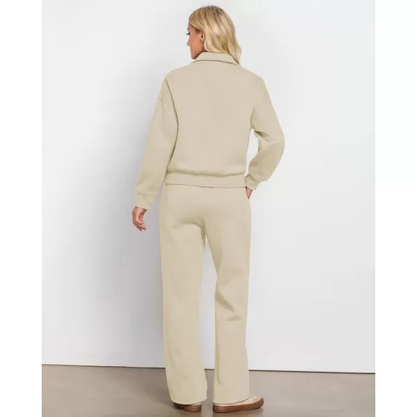 imageGRAPENT Sweatsuits Womens Sets 2 Piece Outfits Fleece Half Zip Sweatshirt Wide Leg Sweatpants Lounge Sets TracksuitsLight Beige