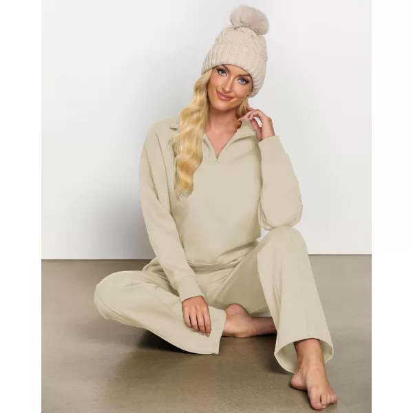 imageGRAPENT Sweatsuits Womens Sets 2 Piece Outfits Fleece Half Zip Sweatshirt Wide Leg Sweatpants Lounge Sets TracksuitsLight Beige