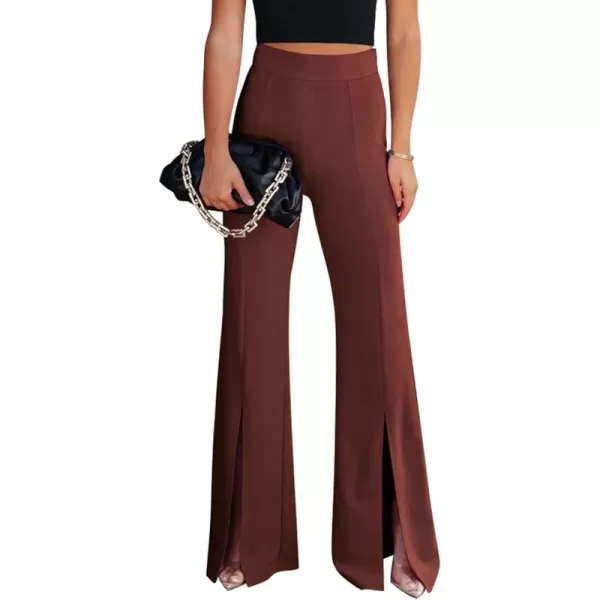 imageGRAPENT Dress Pants Wide Leg Pants for Women Flare Pants Pull On Business Casual Work Trousers Split Hem SlacksMadder Brown