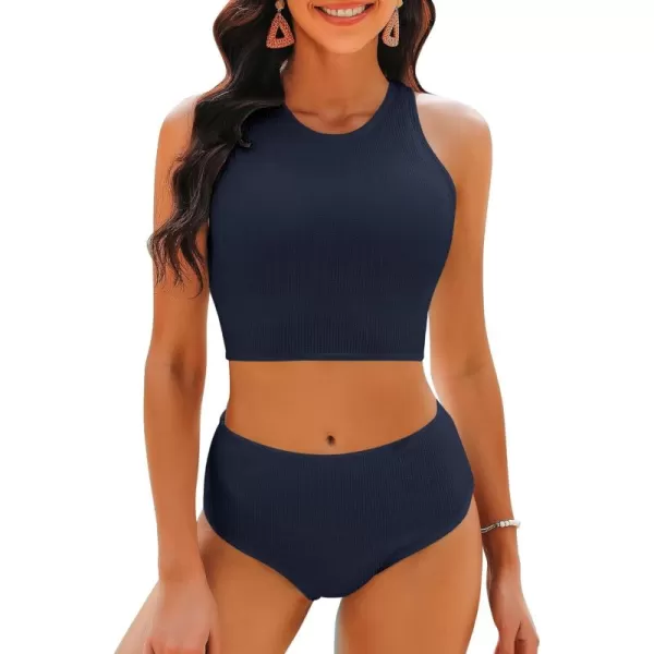 imageGRAPENT High Waisted Bikini Sets for Women Textured High Neck 2 Piece Swimsuits Racer Back Ribbed Bathing Suits Swimwear