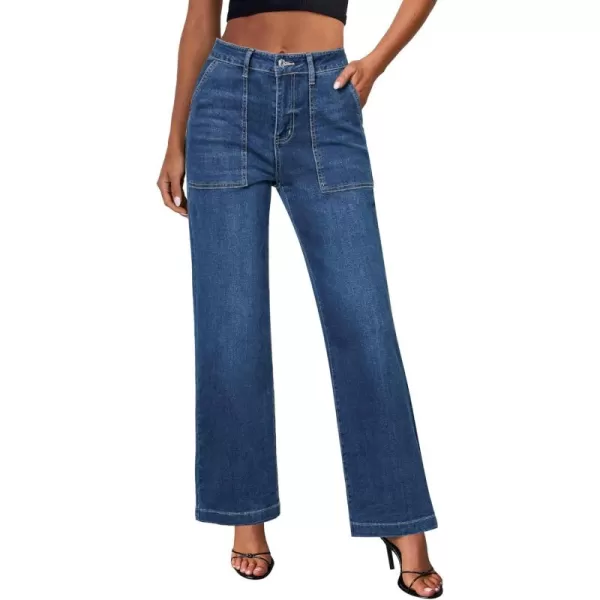 imageGRAPENT Jeans for Women High Waisted Straight Leg Jeans Stretchy Trendy Wide Leg Denim Pants Jean Trousers Patch PocketsClassic Blue