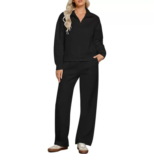 imageGRAPENT Sweatsuits Womens Sets 2 Piece Outfits Fleece Half Zip Sweatshirt Wide Leg Sweatpants Lounge Sets TracksuitsBlack