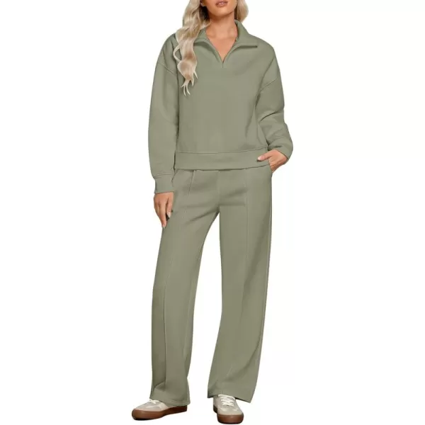imageGRAPENT Sweatsuits Womens Sets 2 Piece Outfits Fleece Half Zip Sweatshirt Wide Leg Sweatpants Lounge Sets TracksuitsGray Green