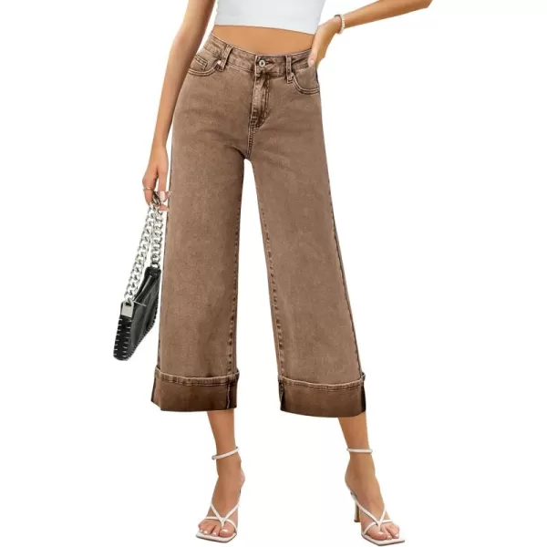 imageGRAPENT Wide Leg Jeans for Women High Waisted Stretchy Denim Crop Pants Fold Hem Cropped Baggy Jeans with PocketsCoca Mocha