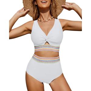 imageGRAPENT Bikini Sets for Women High Waisted Two Piece Swimsuit Padded Knot Twist Cut Out Color Block Bathing Suit BikinisCream White