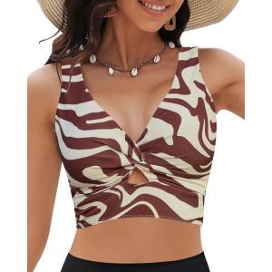 imageGRAPENT Bikini Tops for Women Cropped Tankini Tops Floral Printed Beach Padded Knot Twist Cut Out Bathing Suit Top OnlyAbstract Print