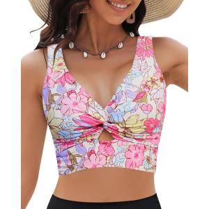 imageGRAPENT Bikini Tops for Women Cropped Tankini Tops Floral Printed Beach Padded Knot Twist Cut Out Bathing Suit Top OnlyPurple Floral