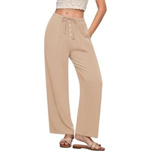 imageGRAPENT Linen Wide Leg Pants Woman High Waisted Pull On Button Drawstring Baggy Casual Summer Palazzo Pants with PocketsAlmond
